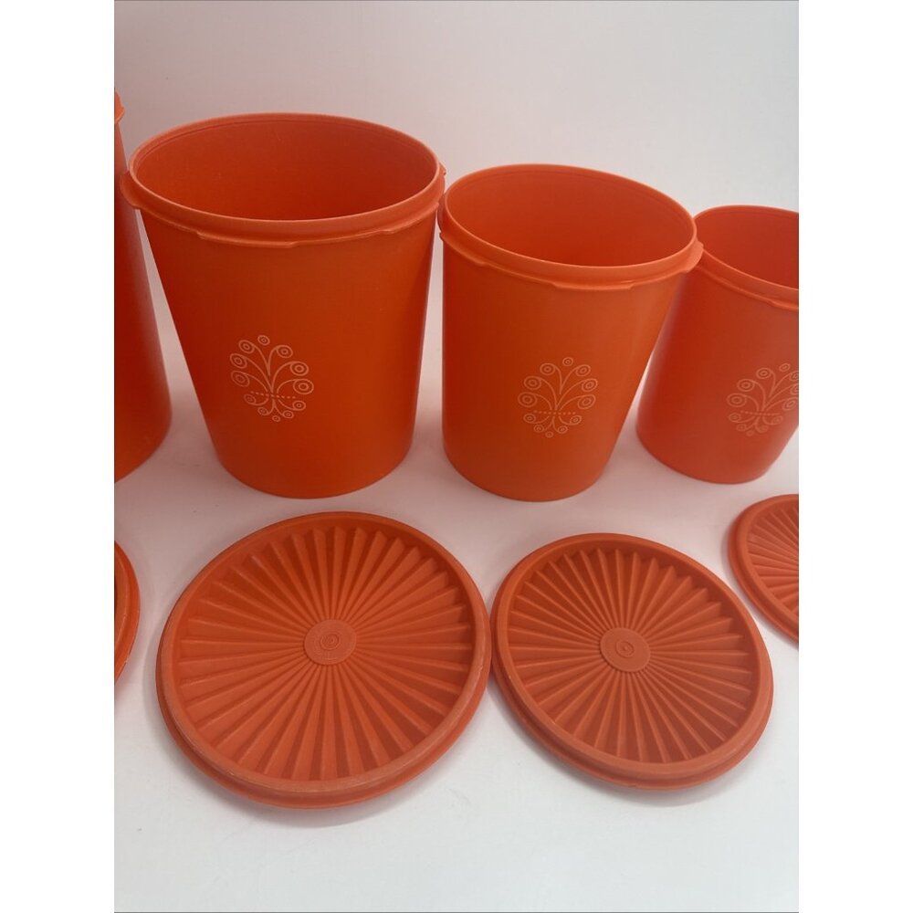 Vintage Tupperware Harvest Orange Servalier Canisters Set Of 4 w/ Sunburst Lids - Picture 11 of 13